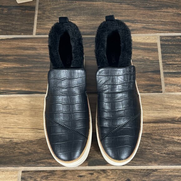 Toms Paxton Womens Size 8.5 Shoes Black Croc Embossed Leather Faux Fur Sneaker - Picture 11 of 13